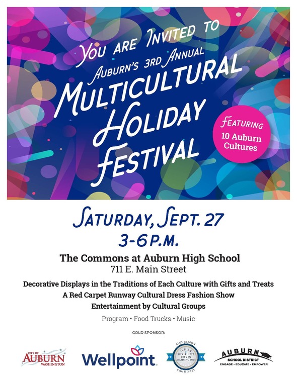 Colorful flyer inviting community to Auburn’s 3rd Annual Multicultural Holiday Festival.