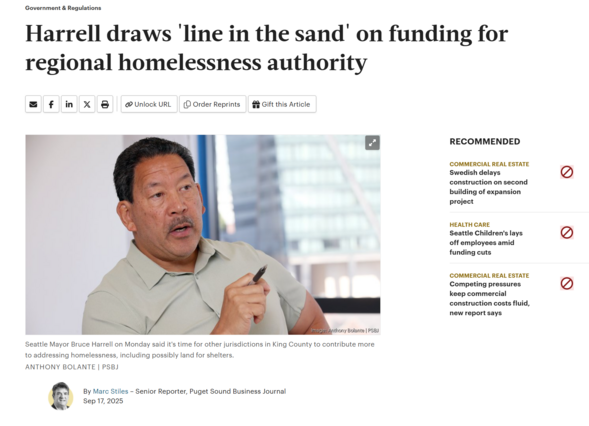 Screenshot of news article with Seattle Mayor Bruce Harrell speaking and gesturing.