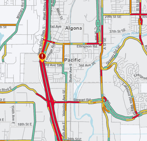 Map showing traffic congestion near Algona and Pacific with red lines on SR 167 and local streets.