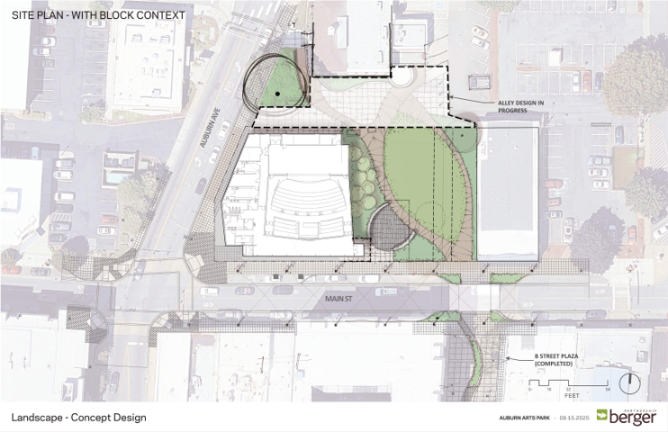 Overhead concept site plan of Auburn Arts Park with pathways, plaza, and landscaped areas labeled.