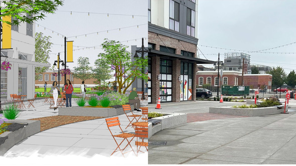 Rendering and photo of outdoor plaza with tables, trees, hanging lights, and people walking and talking.