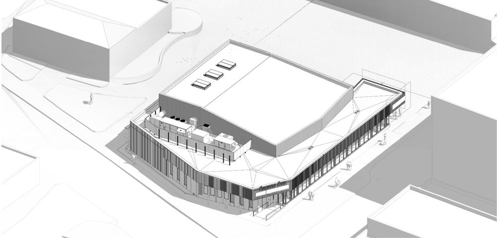 Black-and-white architectural rendering of Auburn Avenue Theater showing modernized exterior and roof design.