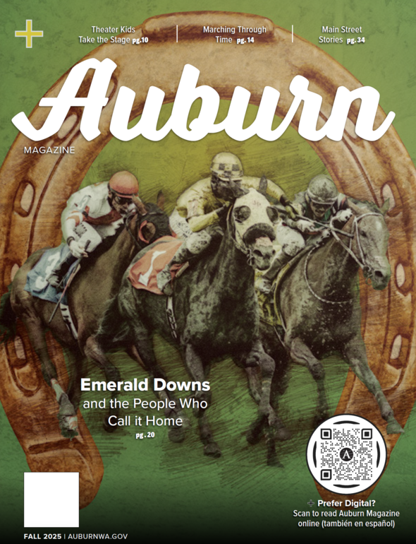 Cover of Fall 2025 Auburn Magazine featuring racing horses from Emerald Downs with green and orange background.