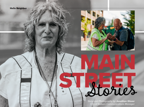 Black-and-white portrait of woman in safety vest with inset photo of her helping man, title text reads Main Street Stories.