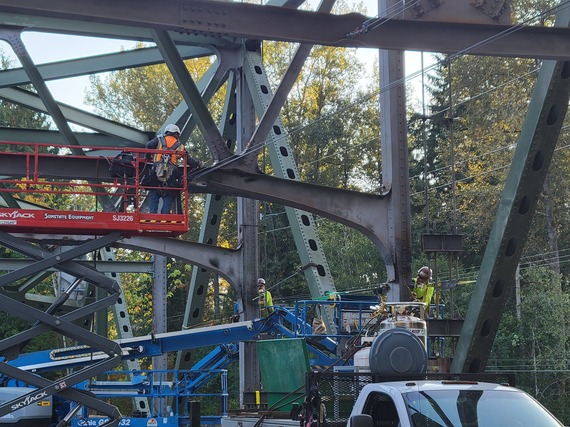 A bridge being worked on by a repair crew