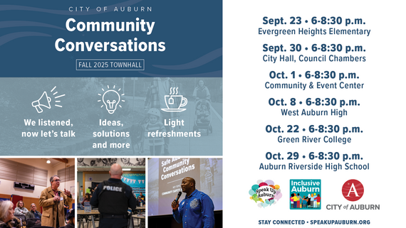 Flyer listing Auburn’s Fall 2025 Community Conversations town hall dates and locations.