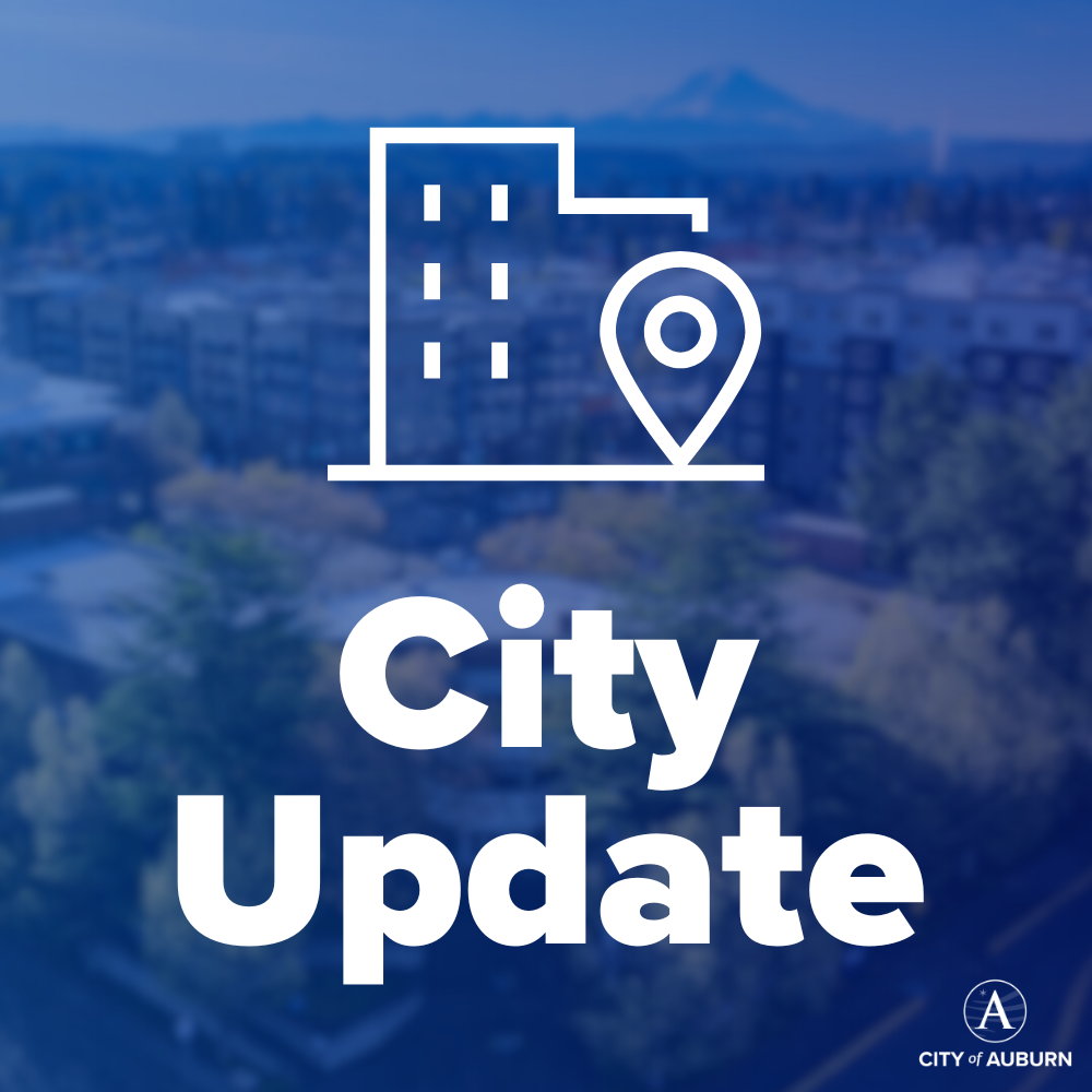 Blue City of Auburn graphic reading “City Update” with building and location pin icons.