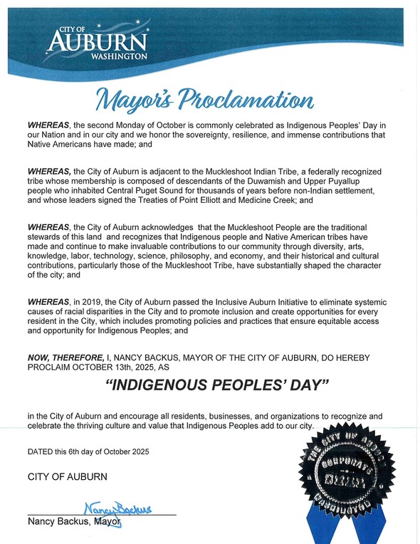 Official City of Auburn document proclaiming October 13, 2025, as Indigenous Peoples’ Day.