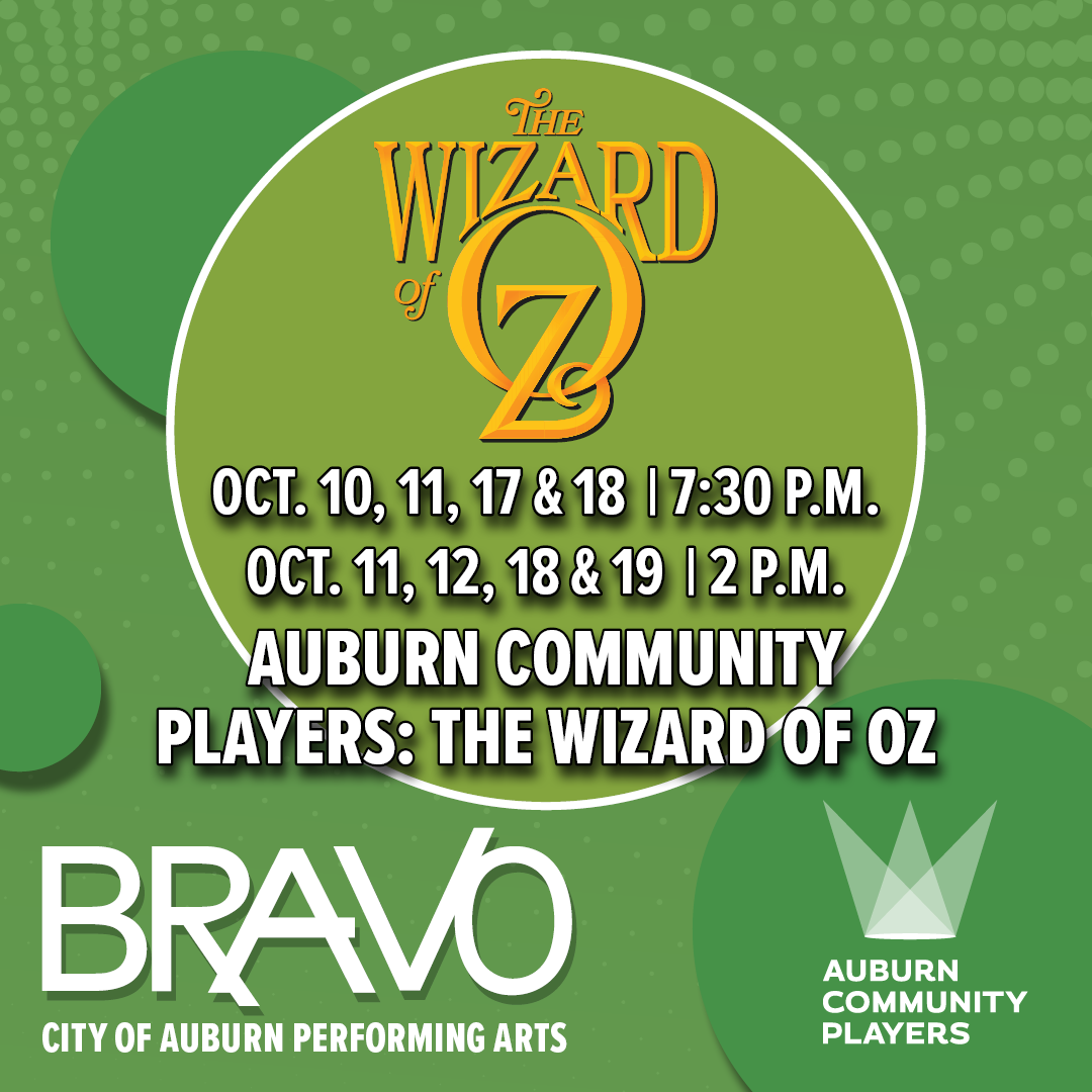 Graphic for Auburn Community Players’ The Wizard of Oz with show dates in October.