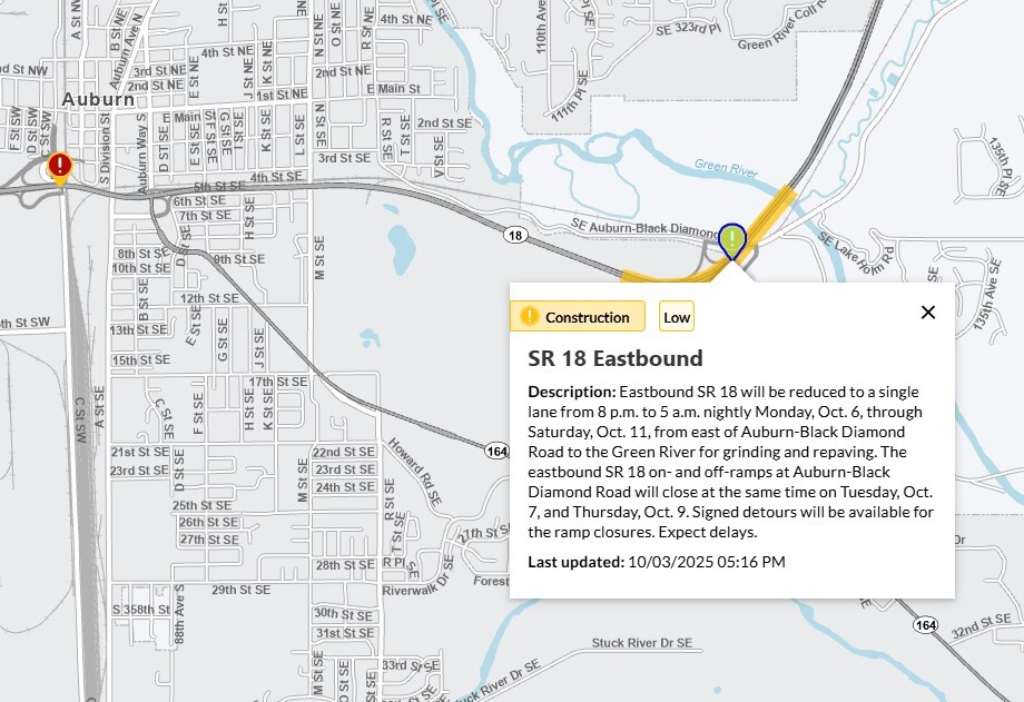 A map showing project details and locations of work on SR 18