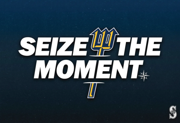 “Seize the Moment” text with trident graphic and Mariners compass logo on a dark blue background.
