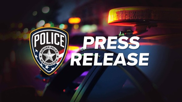Auburn Police Department badge with “Press Release” text over blurred police lights.