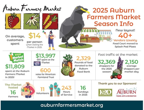 Colorful 2025 Auburn Farmers Market season stats showing attendance, spending, and donations.