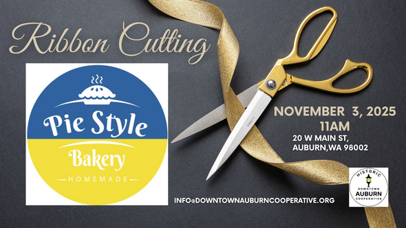 Graphic promoting the Pie Style Bakery ribbon cutting on Nov. 3, 2025, at 20 W Main St.