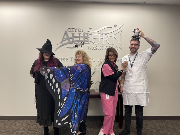 Four people dressed in Halloween costumes