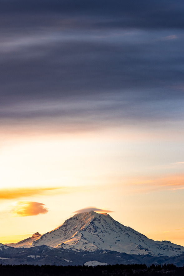 Tall view of Mount Rainier glowing at sunrise beneath layered blue and orange clouds.