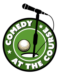A logo that says Comedy at the Course with a golf ball and microphone 