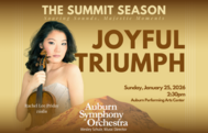 a gold graphic with a woman on it holding a violin, it says Joyful Triumph 