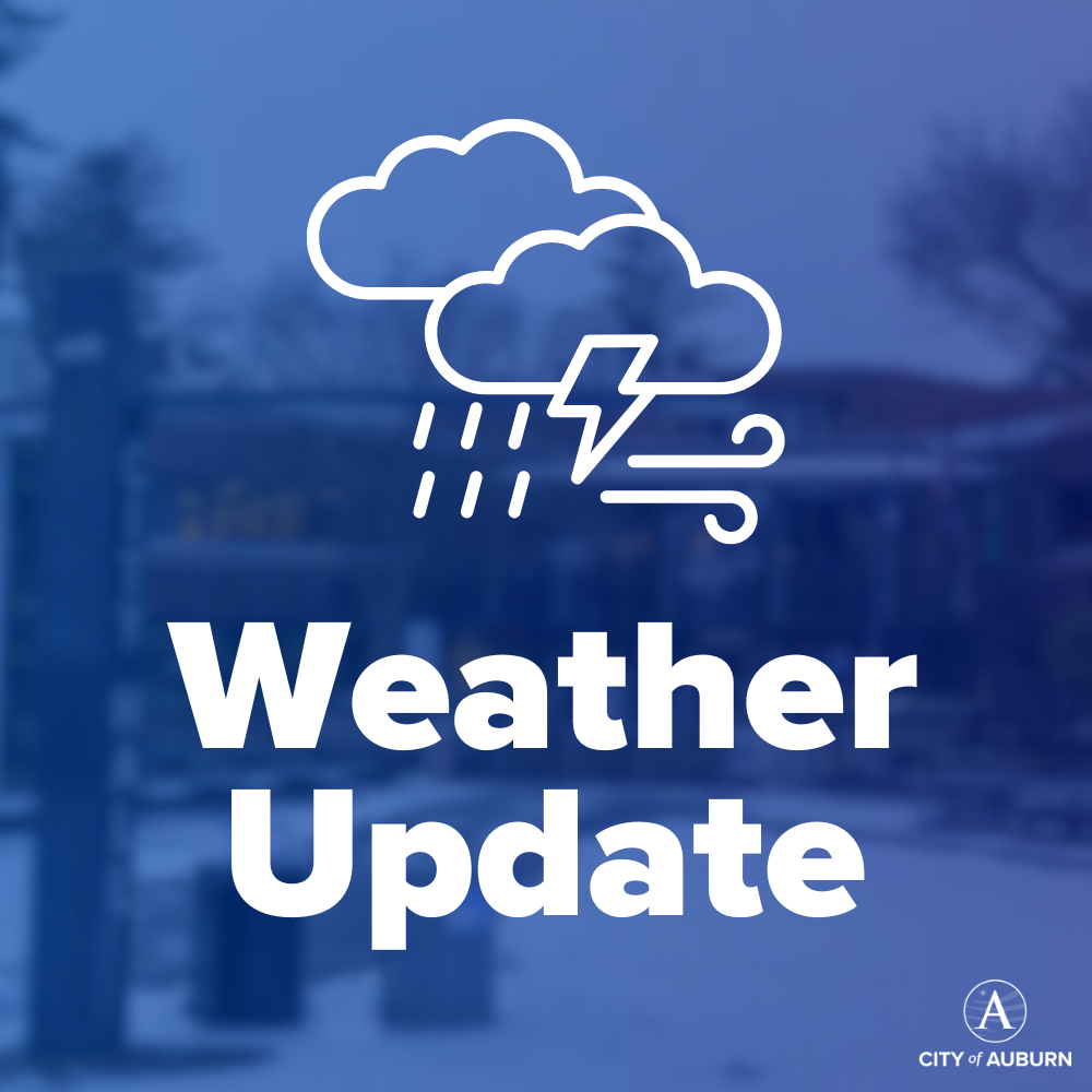 A graphic that says Weather Update against a blue background with an icon that looks like clouds and lightning.
