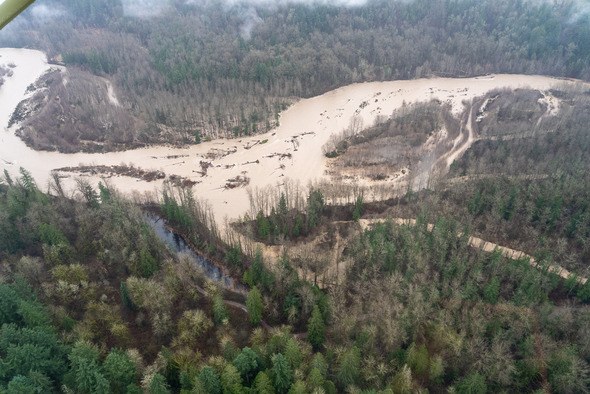 Aerial view of a swollen, muddy river flowing through forested land after heavy rain.