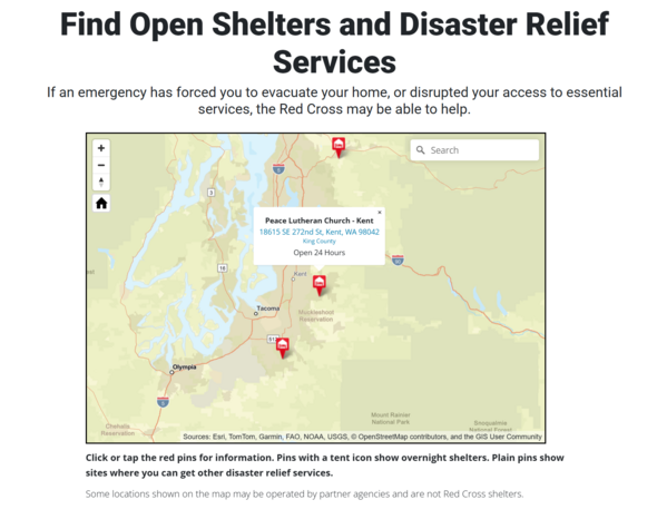 Map showing open shelters and disaster relief services in Washington, with red pins indicating locations including a 24-hour shelter in Kent.