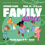 A green graphic with dancing children that says Spring Fling Family Dance 