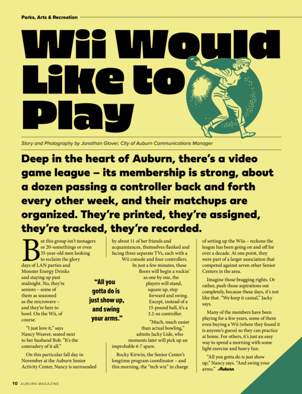 Auburn Magazine article spread about a Wii bowling league at the Auburn Senior Activity Center, with bold yellow design.