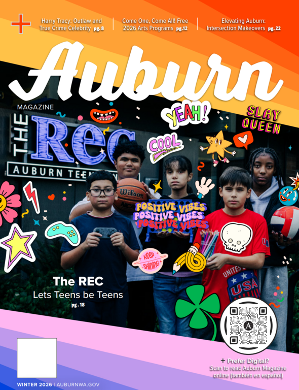 Cover of Auburn Magazine Winter 2026 featuring teens at The REC with colorful graphics and headlines.