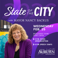 Promotional graphic for State of the City with Mayor Nancy Backus, event date, time, and location.