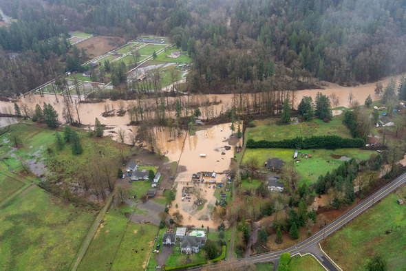 Ariel view of flooded farmland from a river 