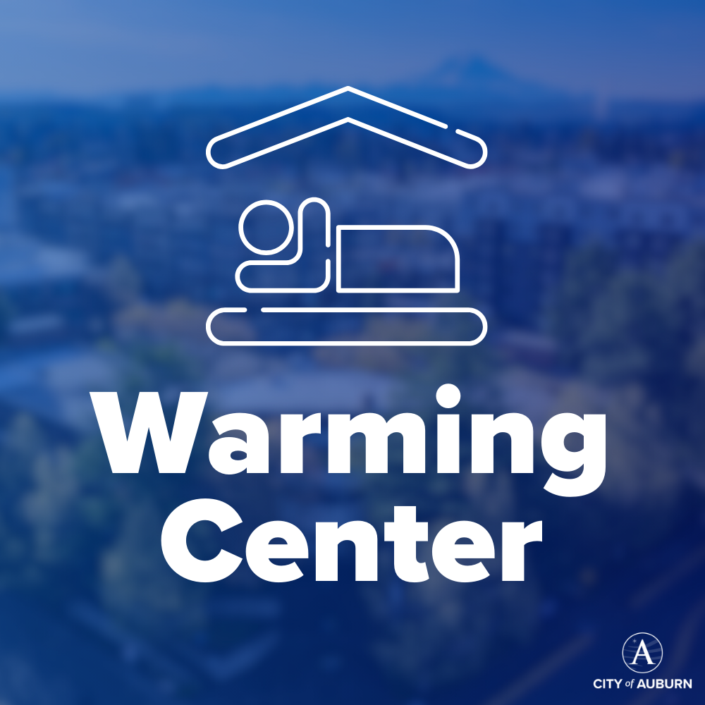 A graphic that says warming center with an icon of a person sleeping in a bed