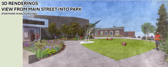 3D rendering of downtown park showing curved paths, lawn, seating, public art, landscaping, and Postmark building in background.