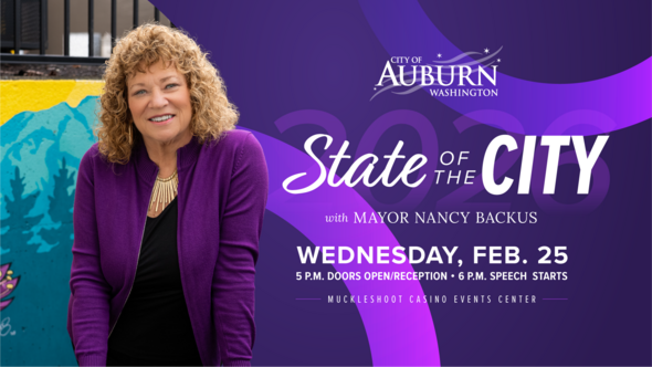 Mayor Nancy Backus poses beside State of the City event graphic with date, time, and Muckleshoot Casino venue details.