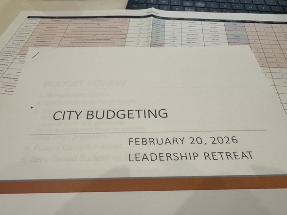 City Budgeting packet labeled February 20, 2026 Leadership Retreat on a table with budget documents in the background.