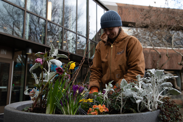 A woman stands by a flower pot planting flowers
