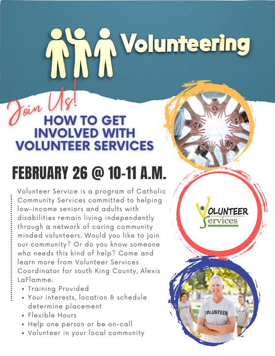 flyer promoting talking on Volunteer Services. Same as description below.
