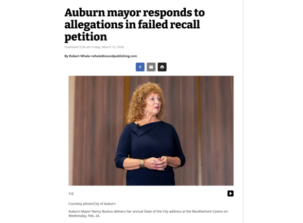 Screenshot of news article showing Auburn Mayor Nancy Backus speaking during her State of the City address.