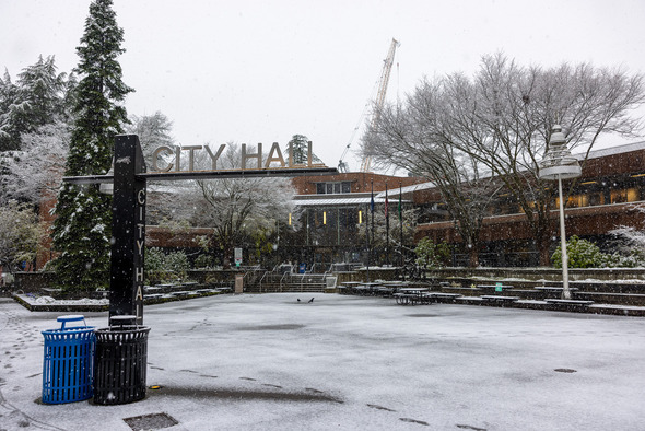 Auburn City Hall blanketed in a fresh coating of snow 