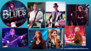 Promotional collage for Bell Bottom Blues band with musicians performing guitars, drums, and vocals on stage.