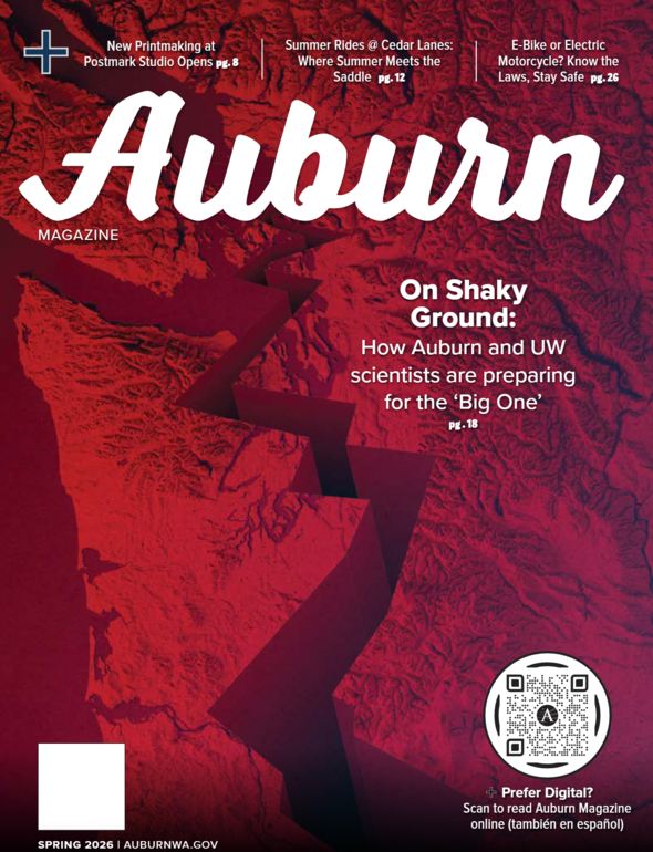 Auburn Magazine Spring 2026 cover with red earthquake fault graphic and headline on preparing for the “Big One”
