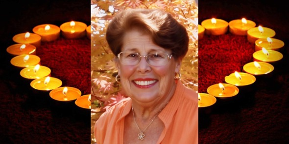 Memorial-style image of smiling woman centered, surrounded by lit candles on red background.