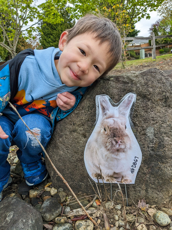 Smiling child crouches beside a rock with a bunny cutout during an outdoor activity.