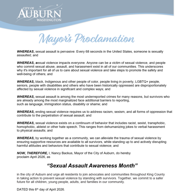 Mayor’s proclamation document with stylized title and background of spreadsheets, highlighting Sexual Assault Awareness Month