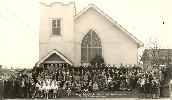 Large historic black-and-white group photo in front of church labeled Auburn, Washington, 1944.