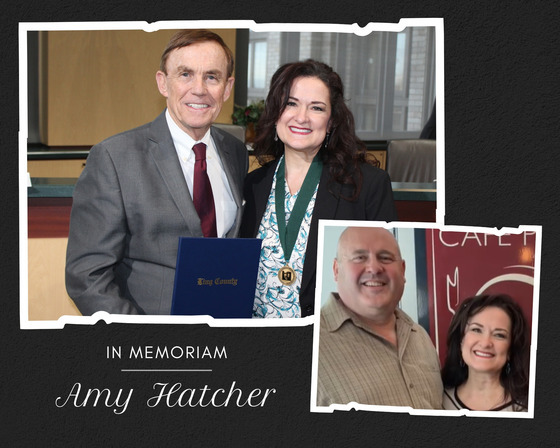 Collage of Amy Hatcher with community members, labeled “In Memoriam,” highlighting her service and impact.