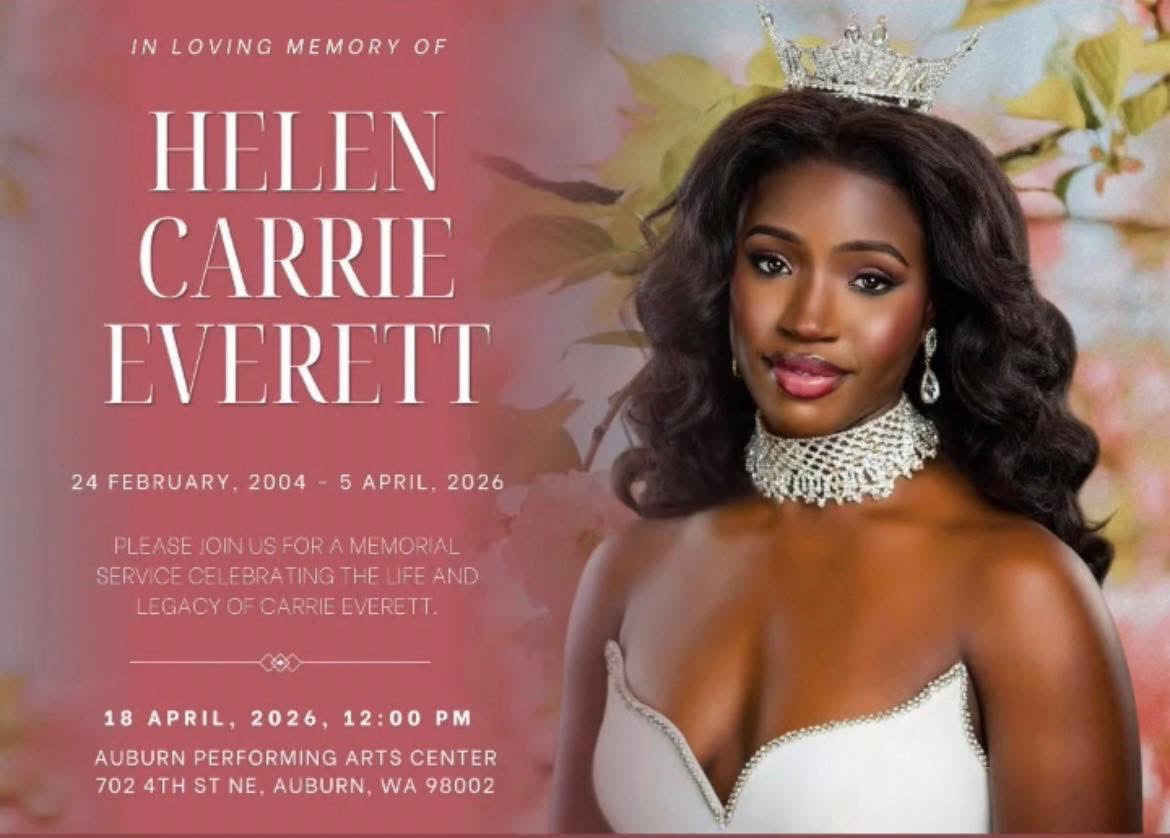 Memorial graphic for Carrie Everett with portrait, dates, and service details at Auburn Performing Arts Center.