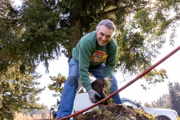 Volunteer kneeling on truck bed handling soil and grass, working outdoors near trees.