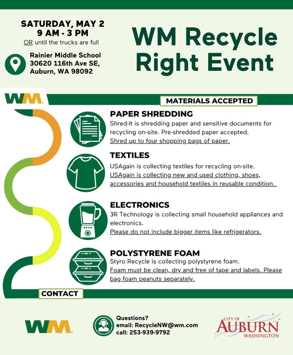 Recycling event flyer listing accepted items like paper shredding, textiles, electronics, and foam.