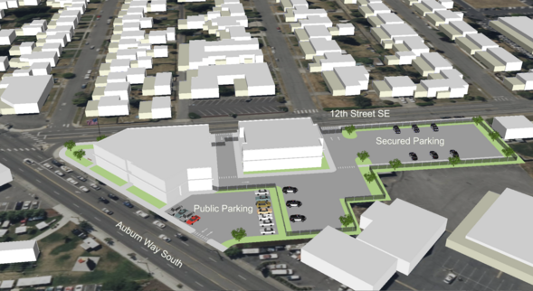 Aerial rendering of new Auburn Police site showing buildings, parking areas, and surrounding streets.