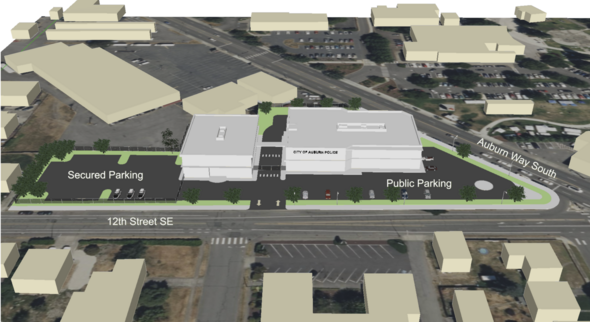Site plan rendering of police facility with labeled public and secured parking along Auburn Way South.